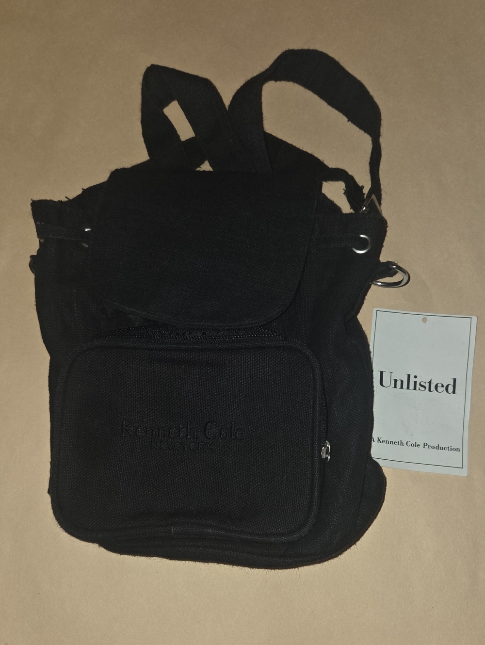 Kenneth Cole Black Canvas Belt Bag with Front Pocket (Mini Backpack)